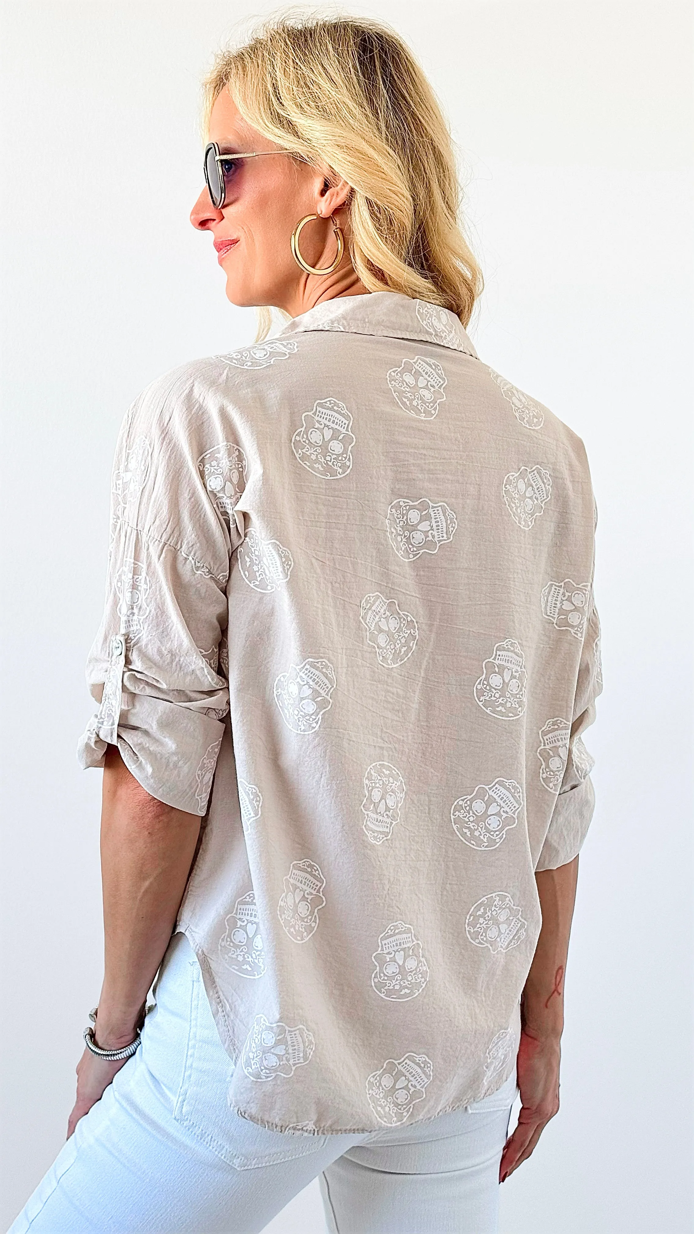 Skull Print Button-Up Blouse