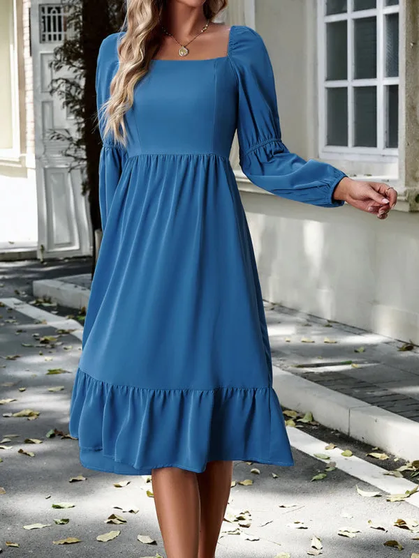 Solid Square Neck A-Line Midi Dress with Smocked Back