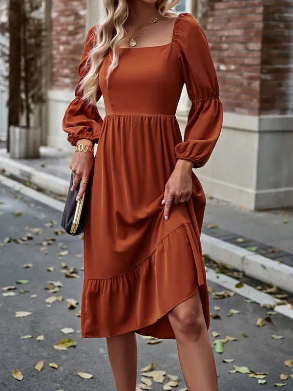 Solid Square Neck A-Line Midi Dress with Smocked Back