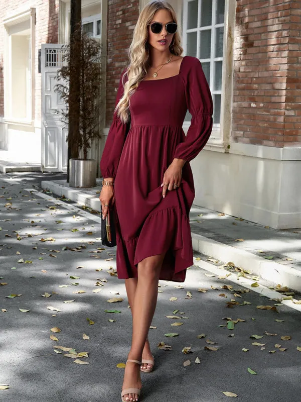 Solid Square Neck A-Line Midi Dress with Smocked Back