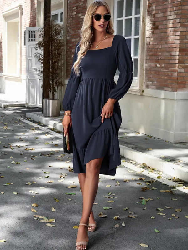 Solid Square Neck A-Line Midi Dress with Smocked Back