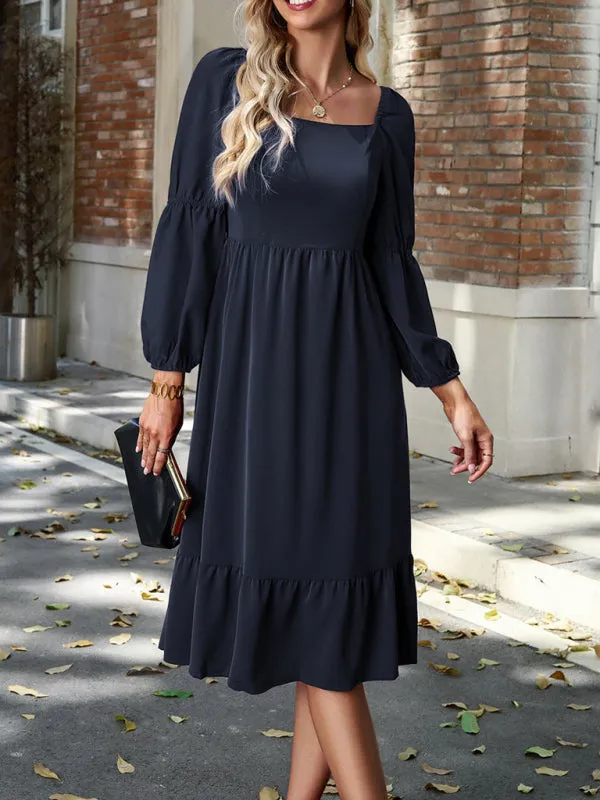 Solid Square Neck A-Line Midi Dress with Smocked Back