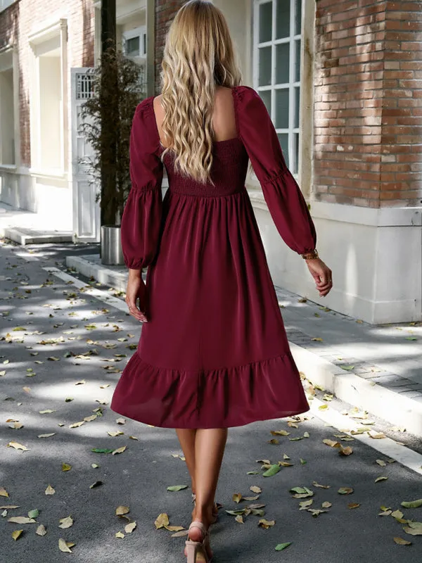 Solid Square Neck A-Line Midi Dress with Smocked Back