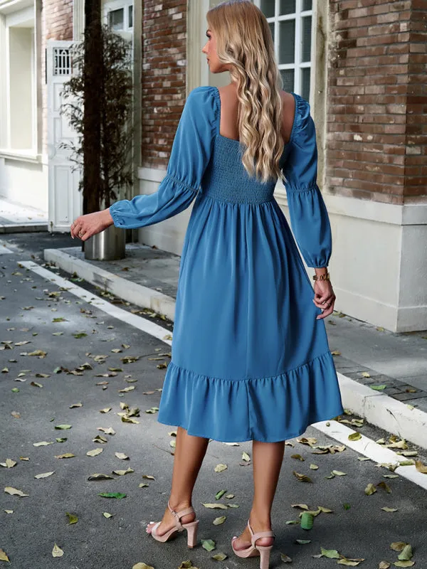 Solid Square Neck A-Line Midi Dress with Smocked Back