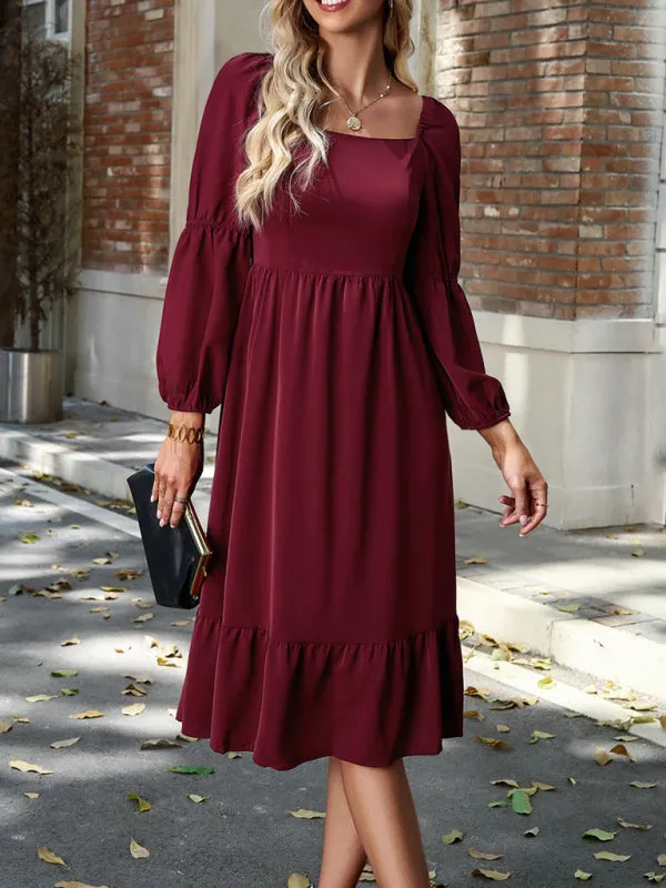 Solid Square Neck A-Line Midi Dress with Smocked Back