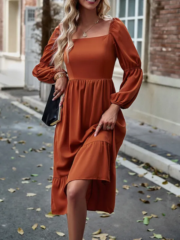 Solid Square Neck A-Line Midi Dress with Smocked Back