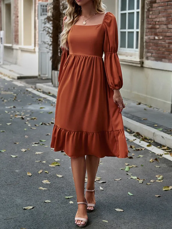 Solid Square Neck A-Line Midi Dress with Smocked Back