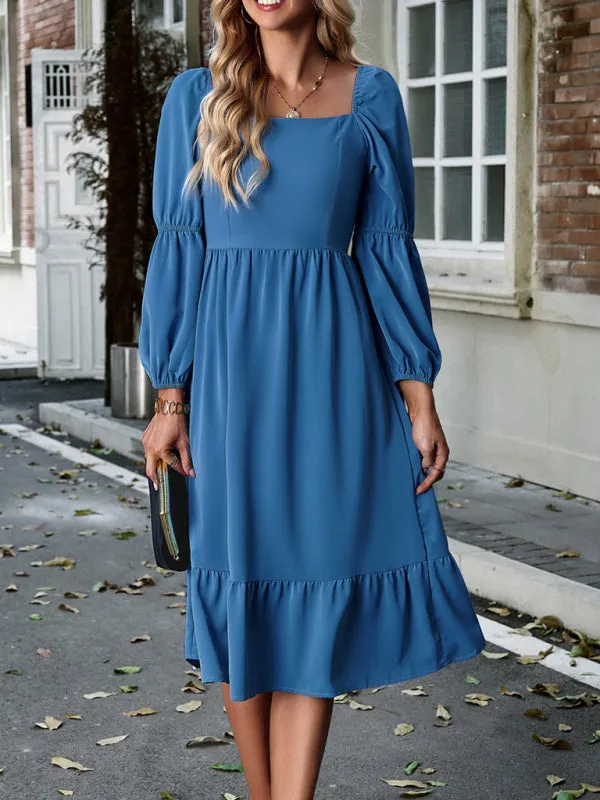 Solid Square Neck A-Line Midi Dress with Smocked Back