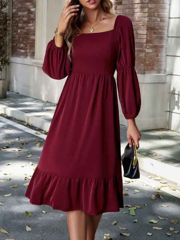 Solid Square Neck A-Line Midi Dress with Smocked Back