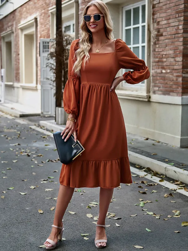 Solid Square Neck A-Line Midi Dress with Smocked Back