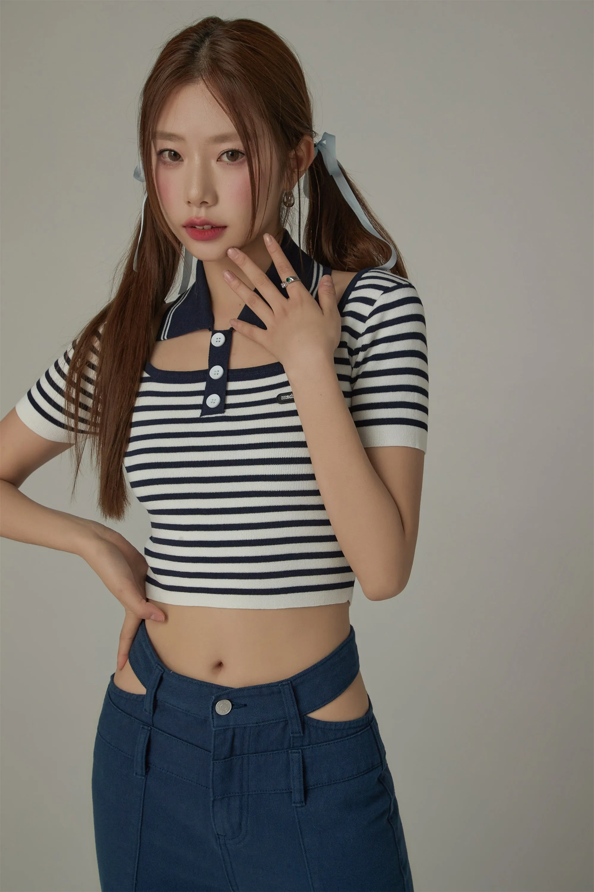 Striped Cut Out Cropped Knit Top