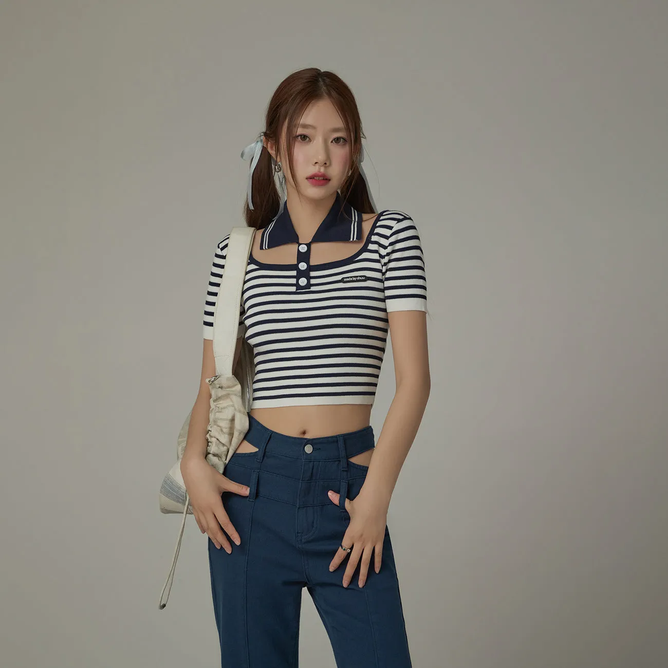 Striped Cut Out Cropped Knit Top