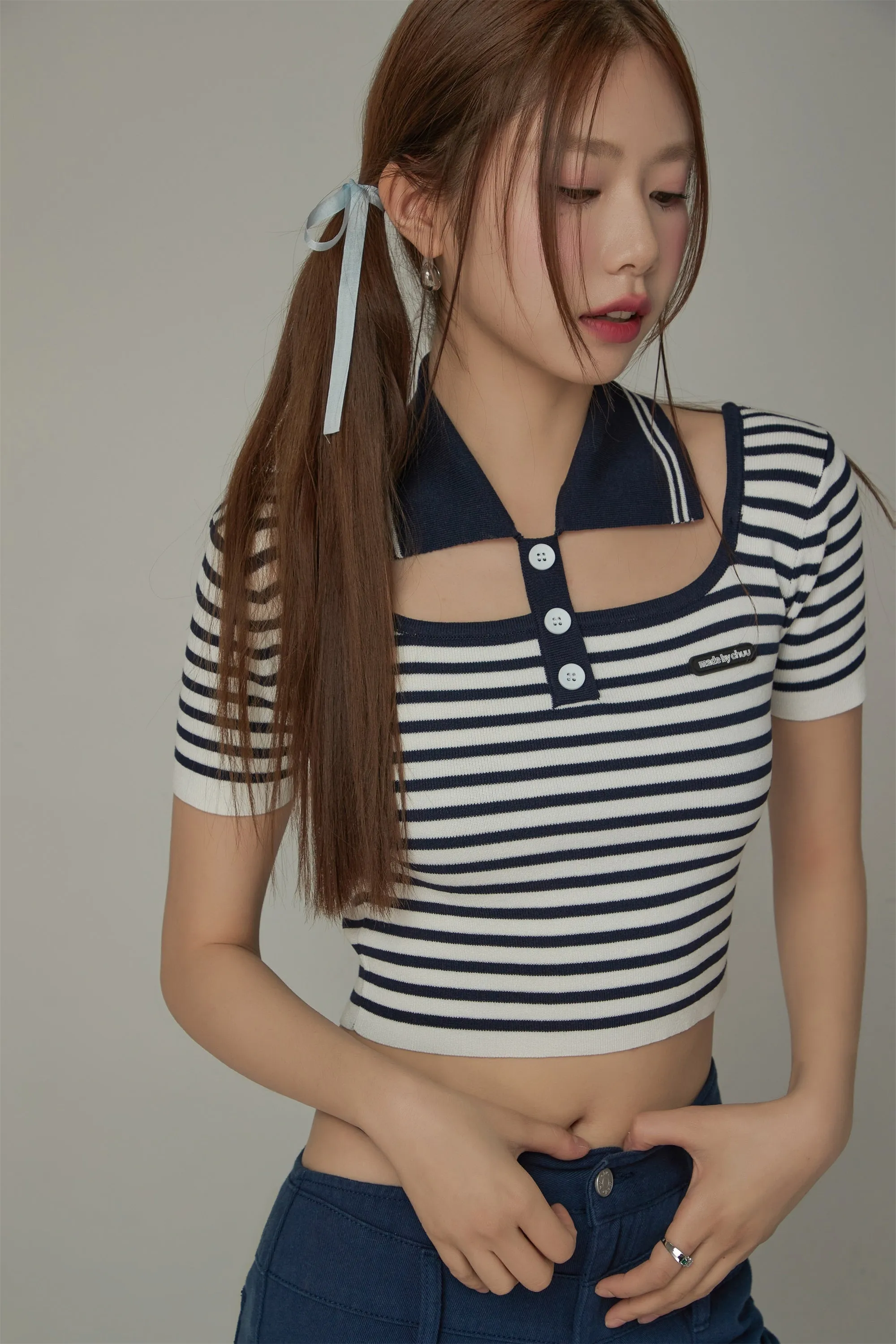 Striped Cut Out Cropped Knit Top