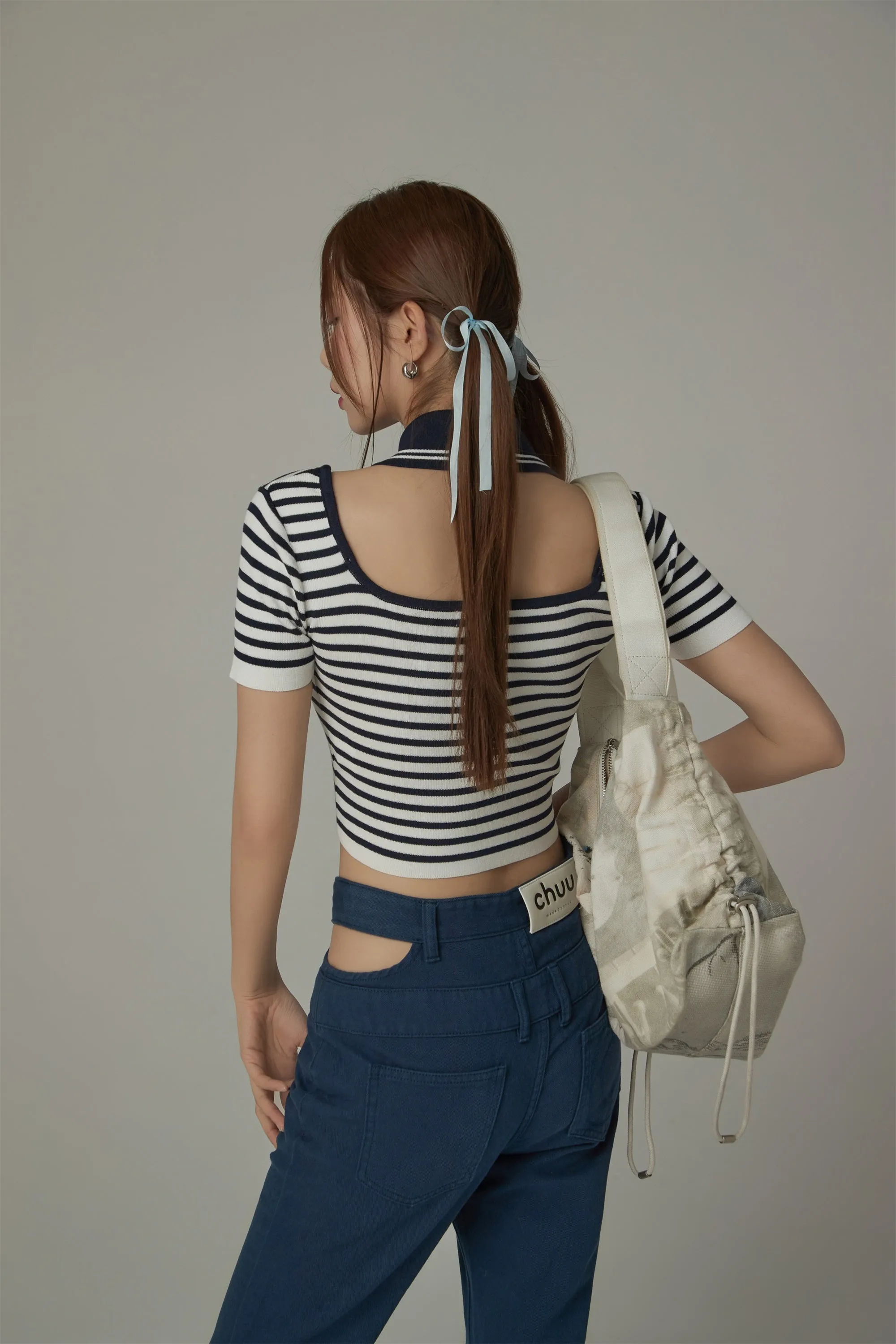 Striped Cut Out Cropped Knit Top