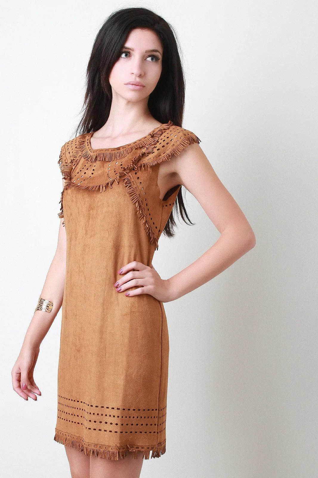 Suede Fringe Yoke Shift Dress