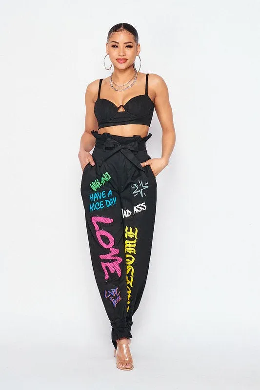 Talk to Me Graffiti Harem Pants