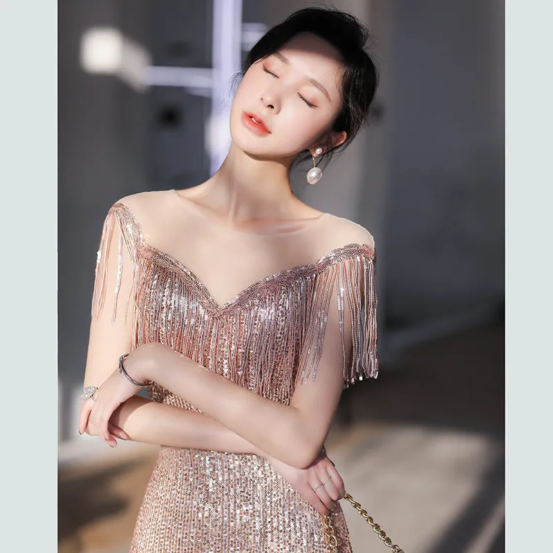 Tassel Sequins Gradient Long Prom Dress Formal Evening Gown with Slit 513