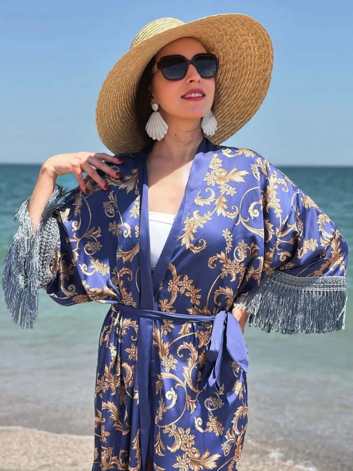 Tassels Blue Kimono Robe