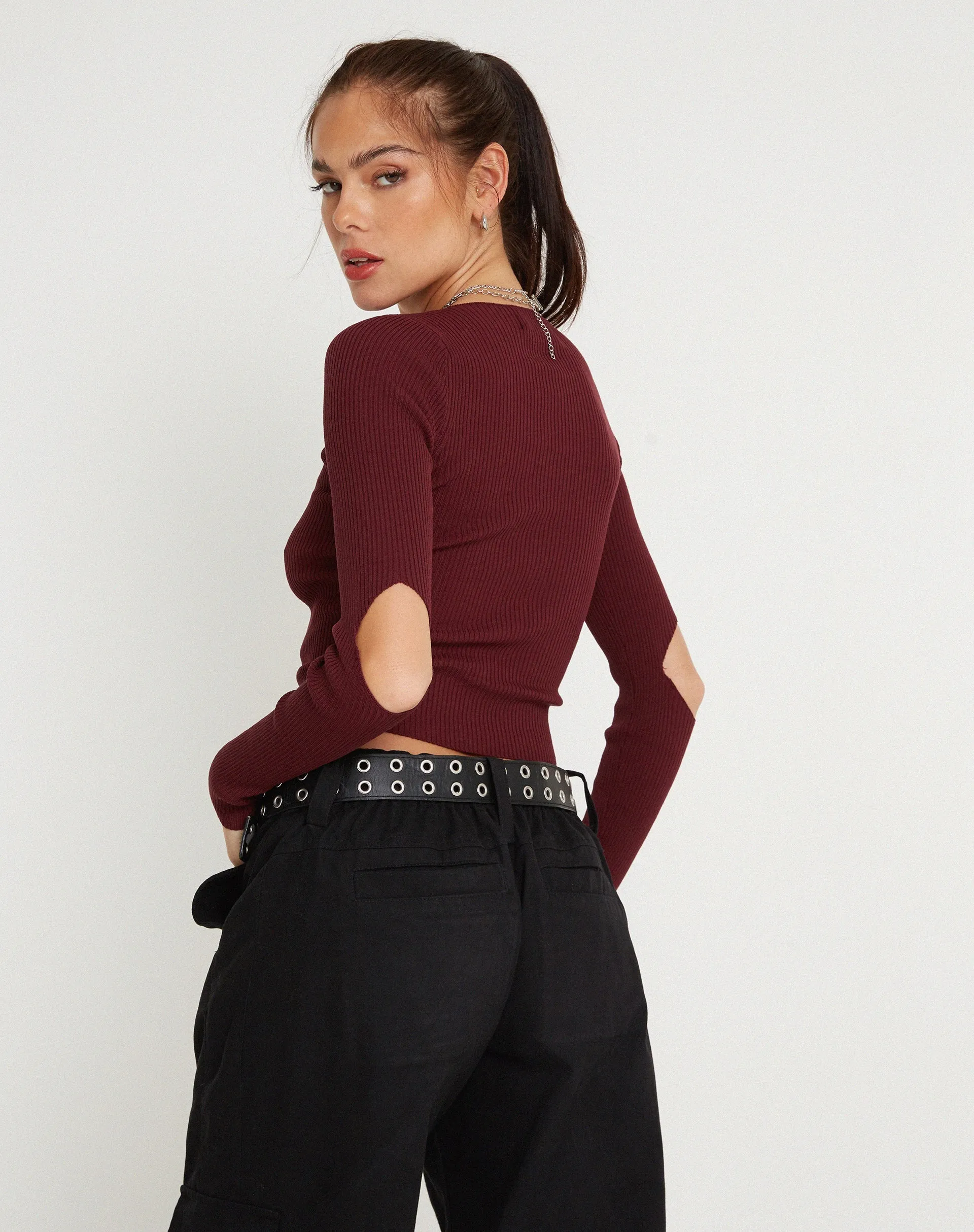 Tayon Long Sleeve Rib Top in Marron