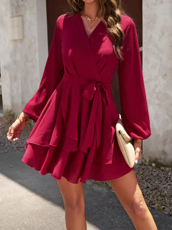 Textured Surplice V-Neck Long Sleeve Belt Tie Layered Mini Dress