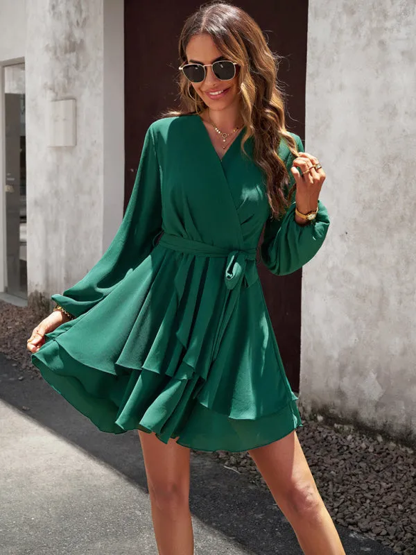 Textured Surplice V-Neck Long Sleeve Belt Tie Layered Mini Dress