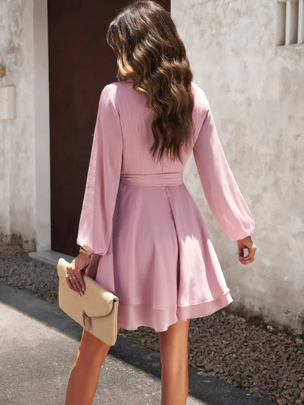 Textured Surplice V-Neck Long Sleeve Belt Tie Layered Mini Dress