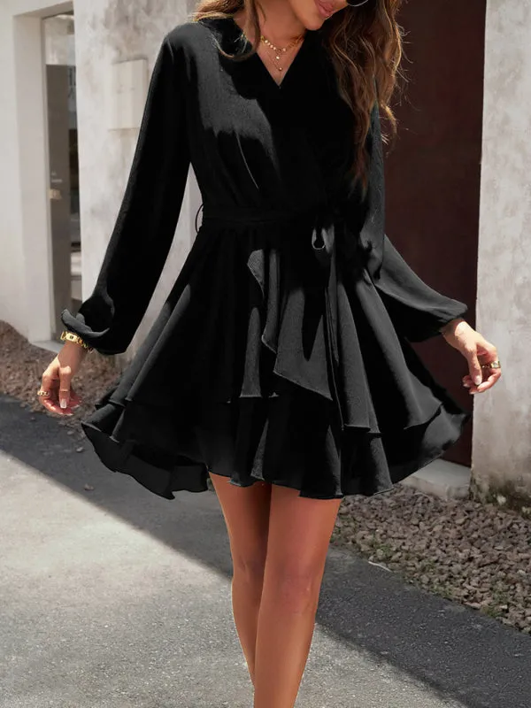 Textured Surplice V-Neck Long Sleeve Belt Tie Layered Mini Dress