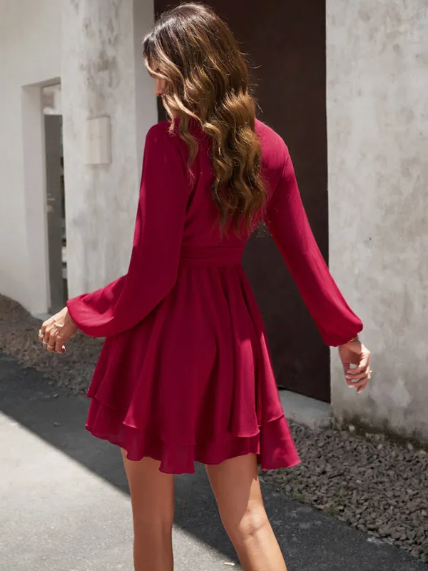 Textured Surplice V-Neck Long Sleeve Belt Tie Layered Mini Dress