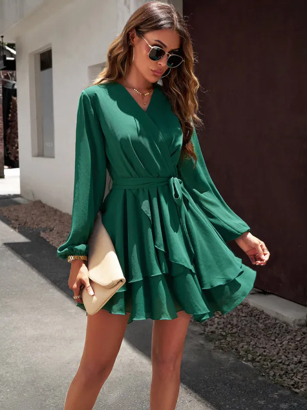 Textured Surplice V-Neck Long Sleeve Belt Tie Layered Mini Dress