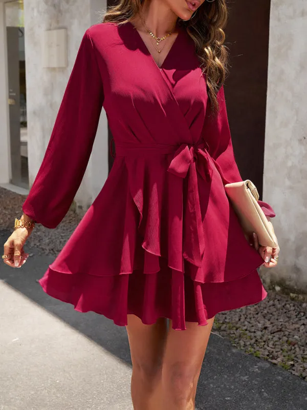 Textured Surplice V-Neck Long Sleeve Belt Tie Layered Mini Dress