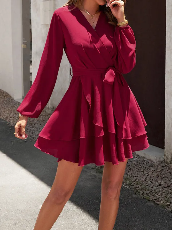 Textured Surplice V-Neck Long Sleeve Belt Tie Layered Mini Dress