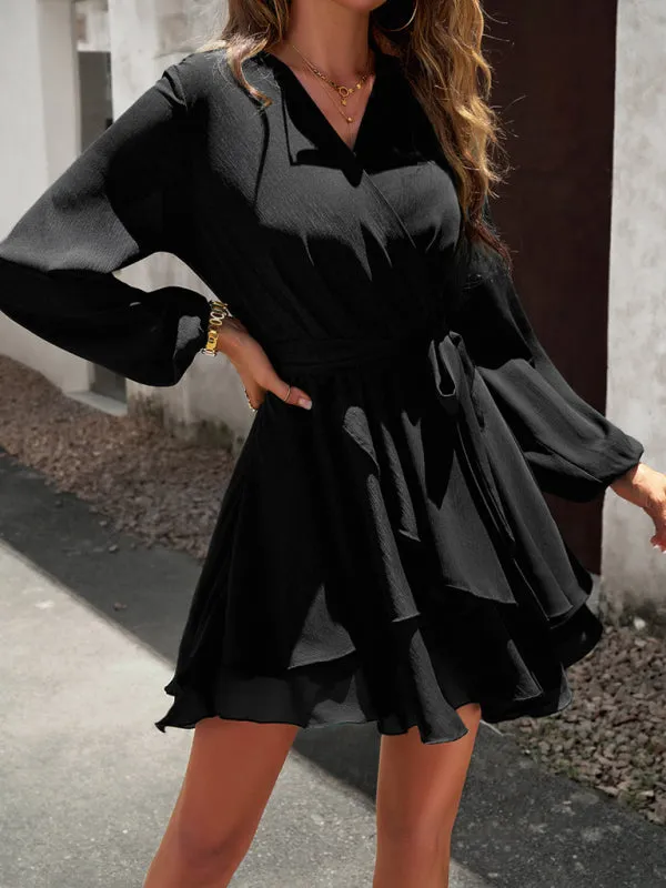 Textured Surplice V-Neck Long Sleeve Belt Tie Layered Mini Dress