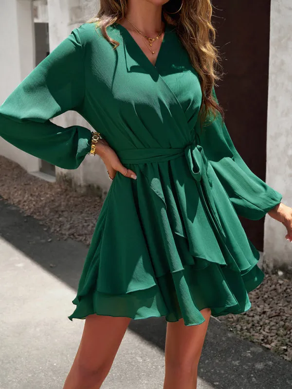 Textured Surplice V-Neck Long Sleeve Belt Tie Layered Mini Dress