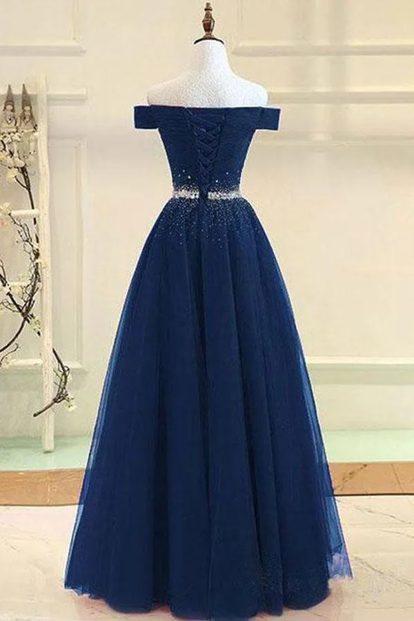 Tulle Navy Blue Off the Shoulder Long Prom Dress, Evening Dress, M214