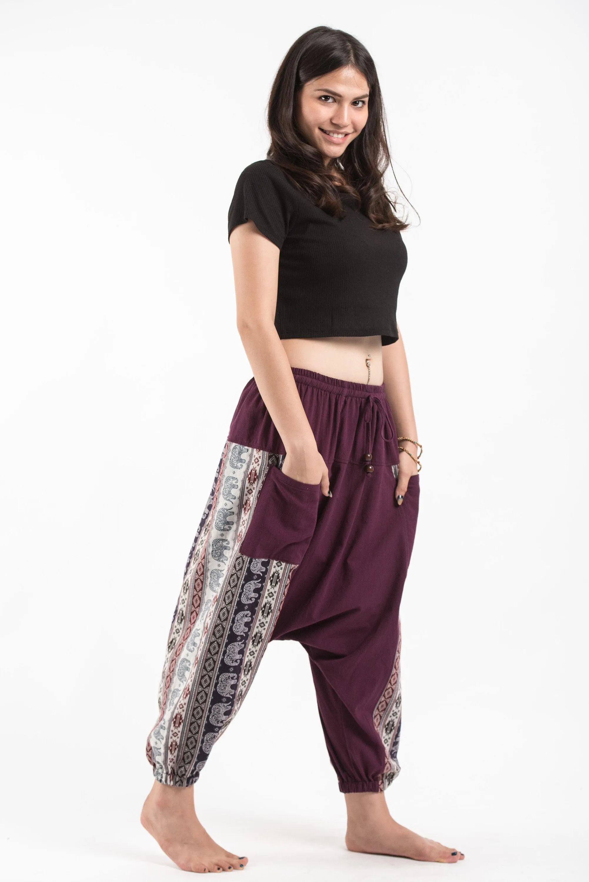 Unisex Elephant Aztec Cotton Harem Pants in Purple