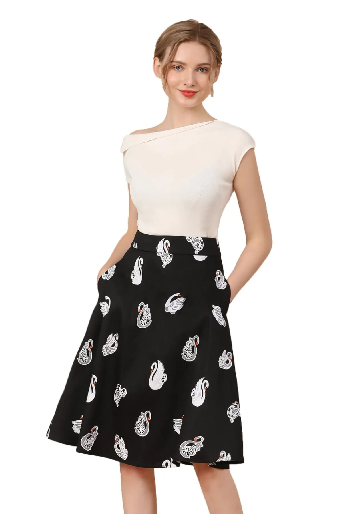 White Swan on Black Cotton A Line Skirt with Pockets