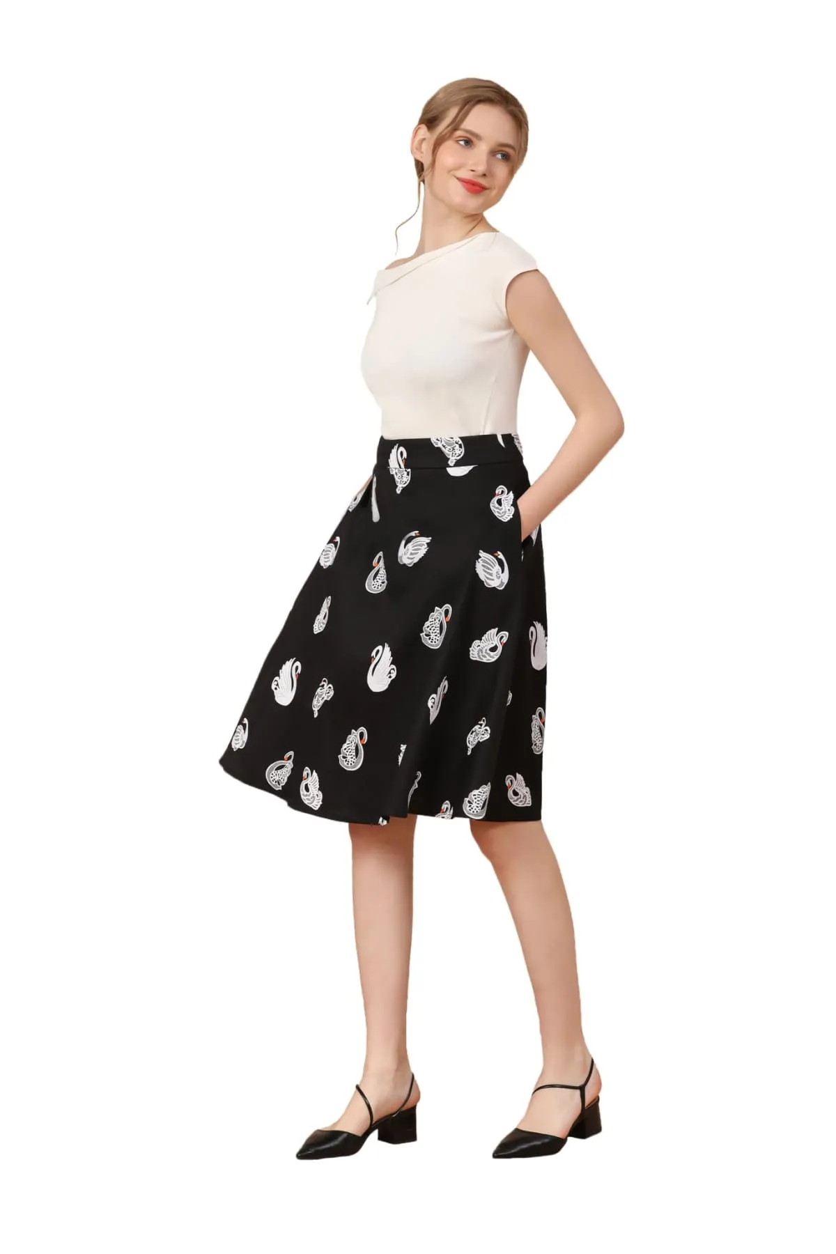 White Swan on Black Cotton A Line Skirt with Pockets