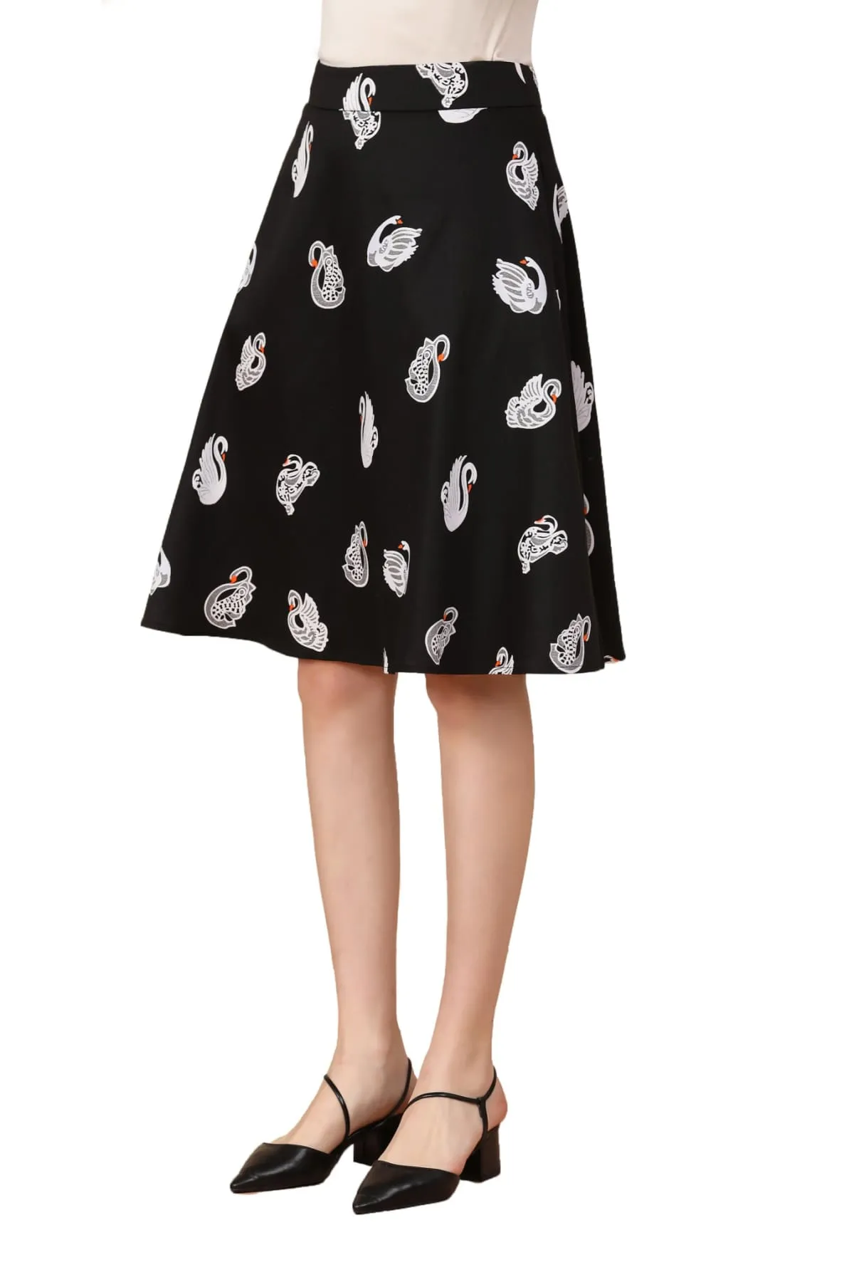 White Swan on Black Cotton A Line Skirt with Pockets