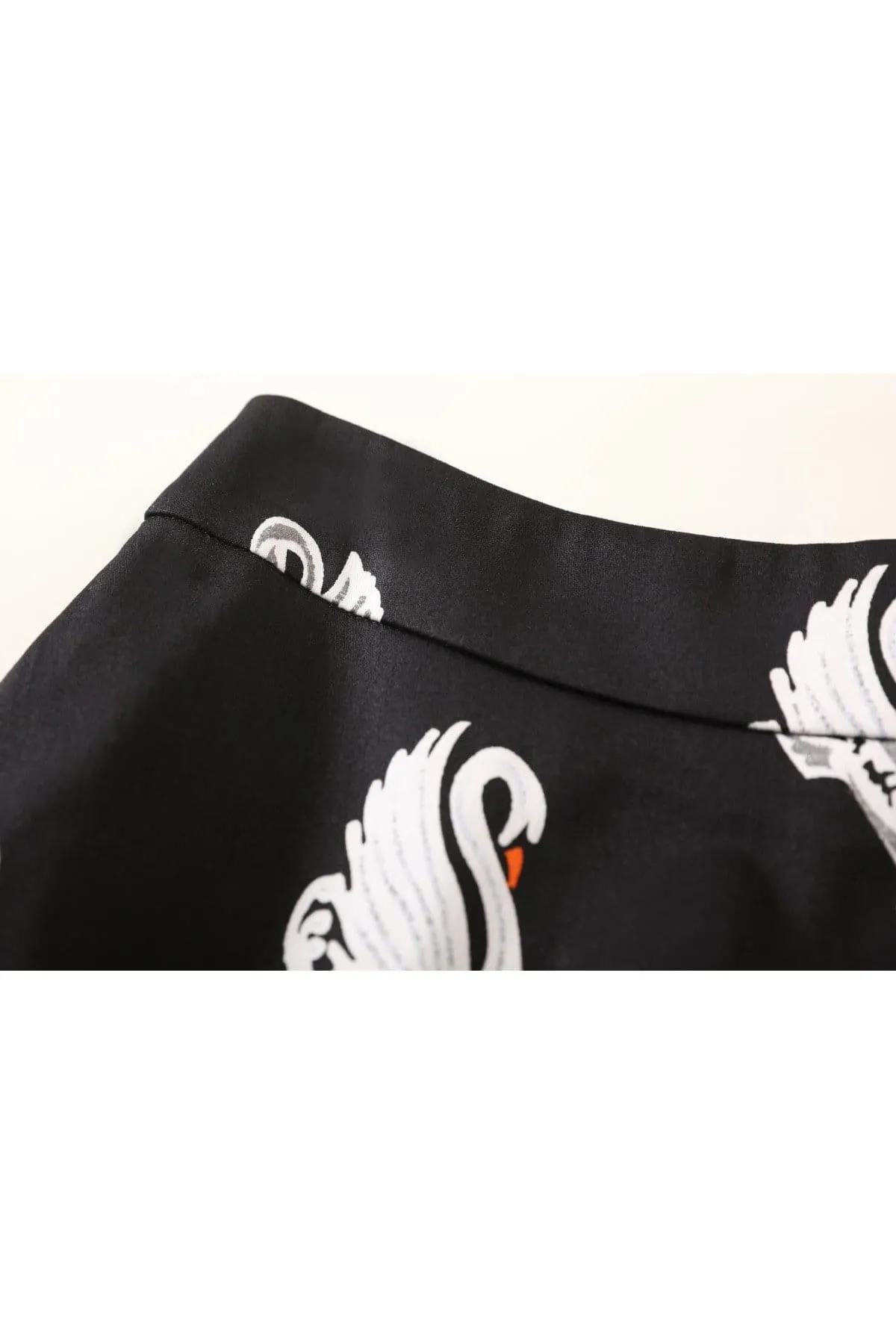 White Swan on Black Cotton A Line Skirt with Pockets