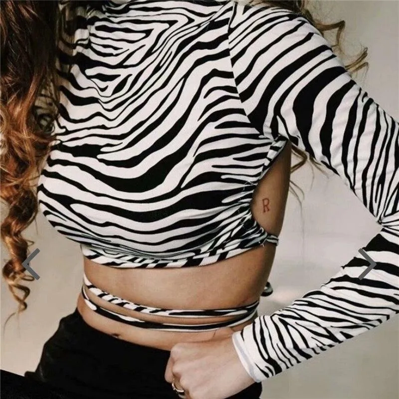 Woman Sexy Zebra Stripes Backless Cropped Top