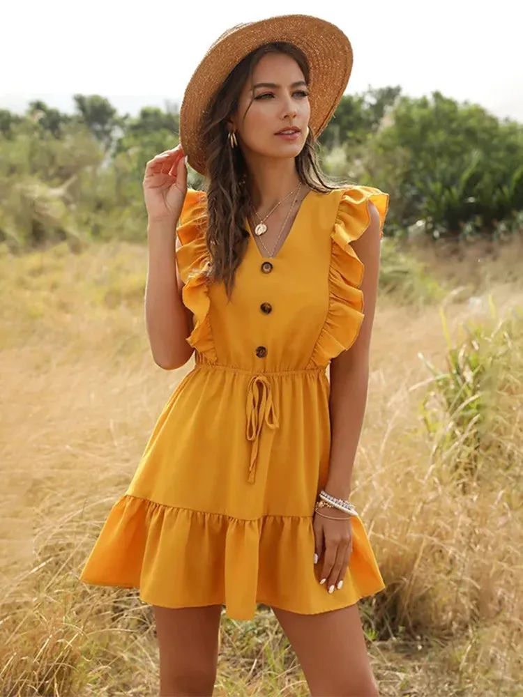 Women Summer Casual Boho Beach Ruffles 2024 Party V-Neck A-Line Dress