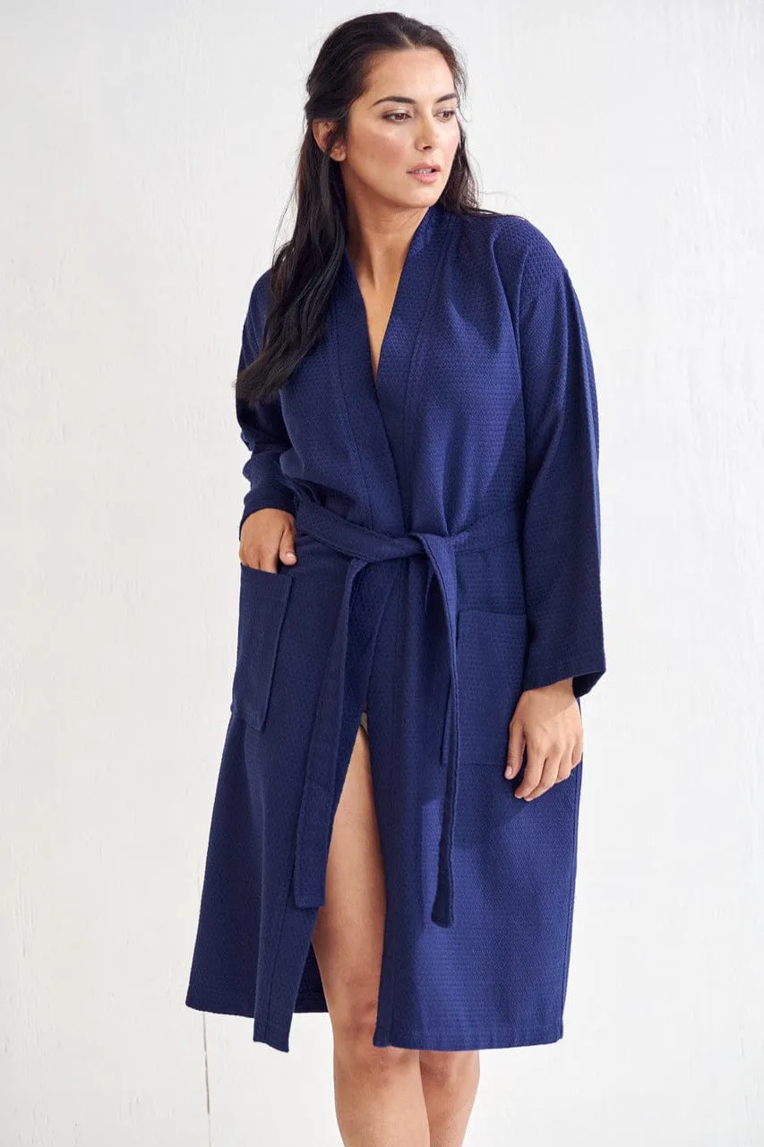 Women's Long Cotton Turkish Waffle Bathrobe, Kimono Style, Comfortable, Softness & Fast dry (NAVY)