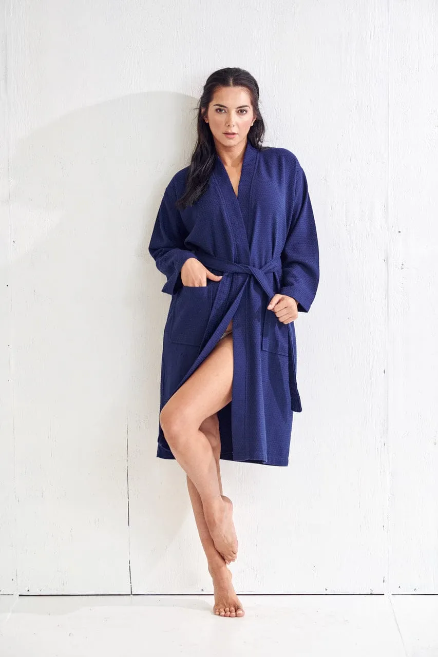 Women's Long Cotton Turkish Waffle Bathrobe, Kimono Style, Comfortable, Softness & Fast dry (NAVY)