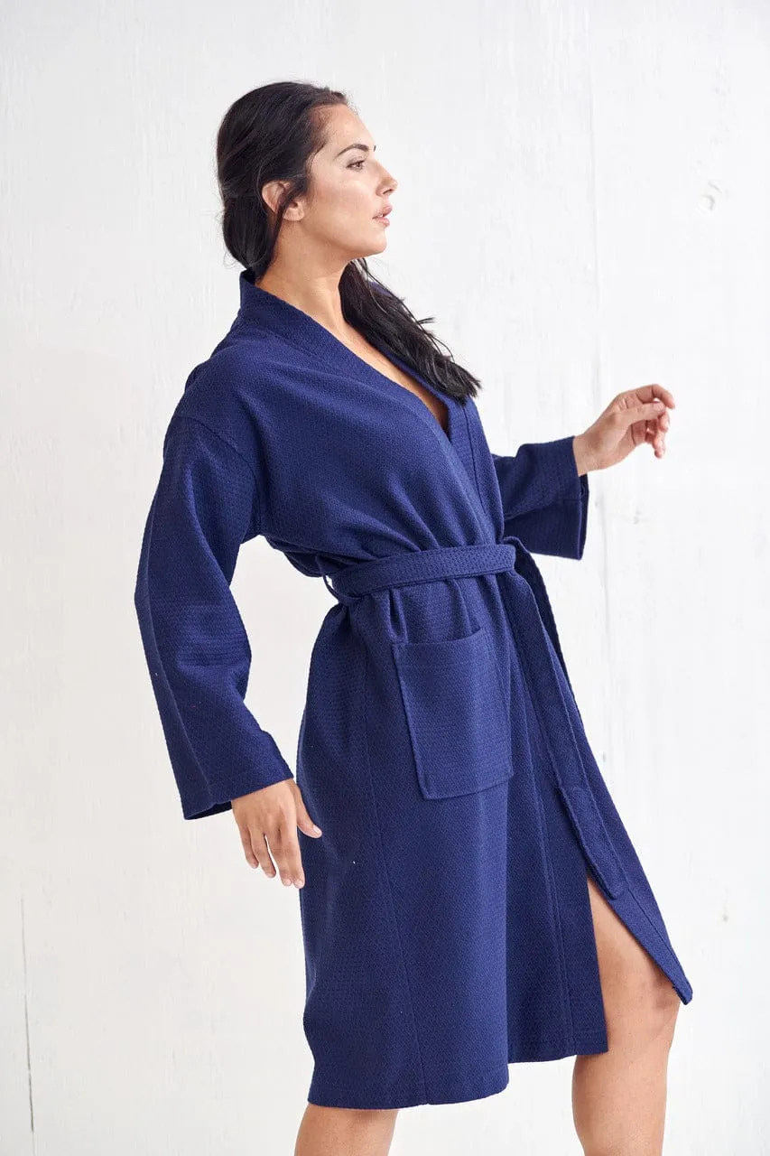 Women's Long Cotton Turkish Waffle Bathrobe, Kimono Style, Comfortable, Softness & Fast dry (NAVY)