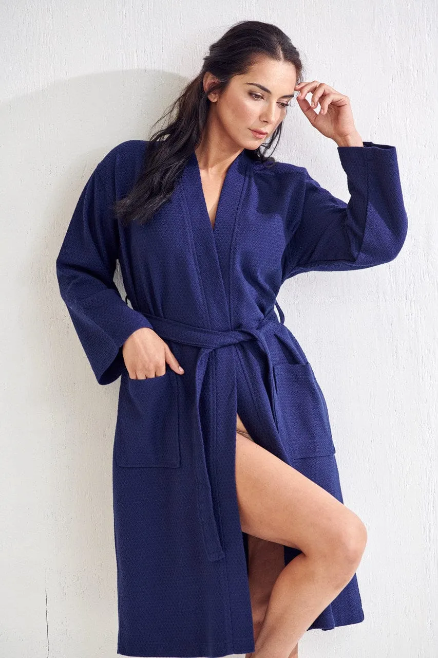 Women's Long Cotton Turkish Waffle Bathrobe, Kimono Style, Comfortable, Softness & Fast dry (NAVY)