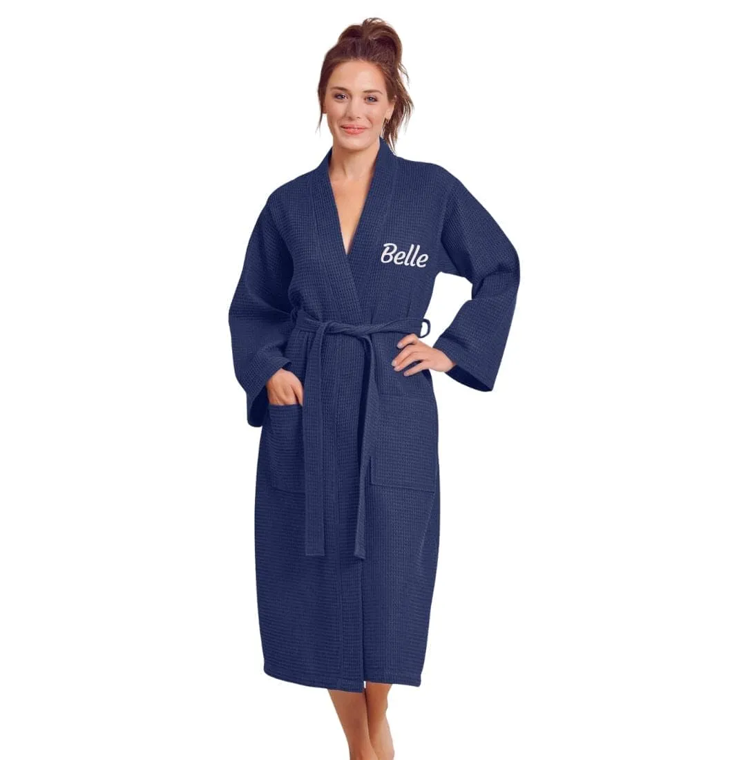 Women's Long Cotton Turkish Waffle Bathrobe, Kimono Style, Comfortable, Softness & Fast dry (NAVY)