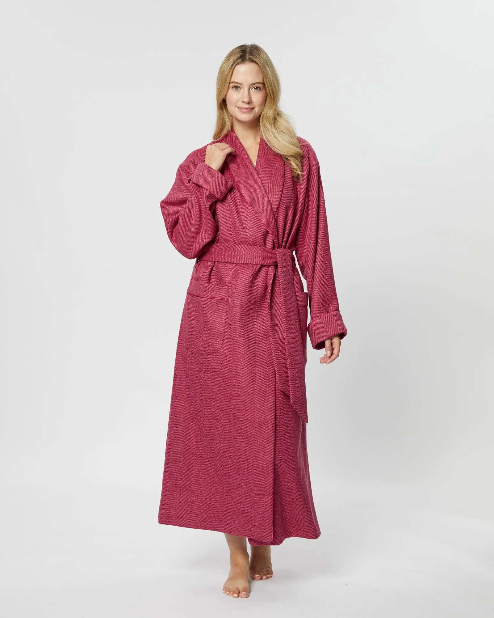 Women's Silk-Lined Wool Robe - Pink Herringbone