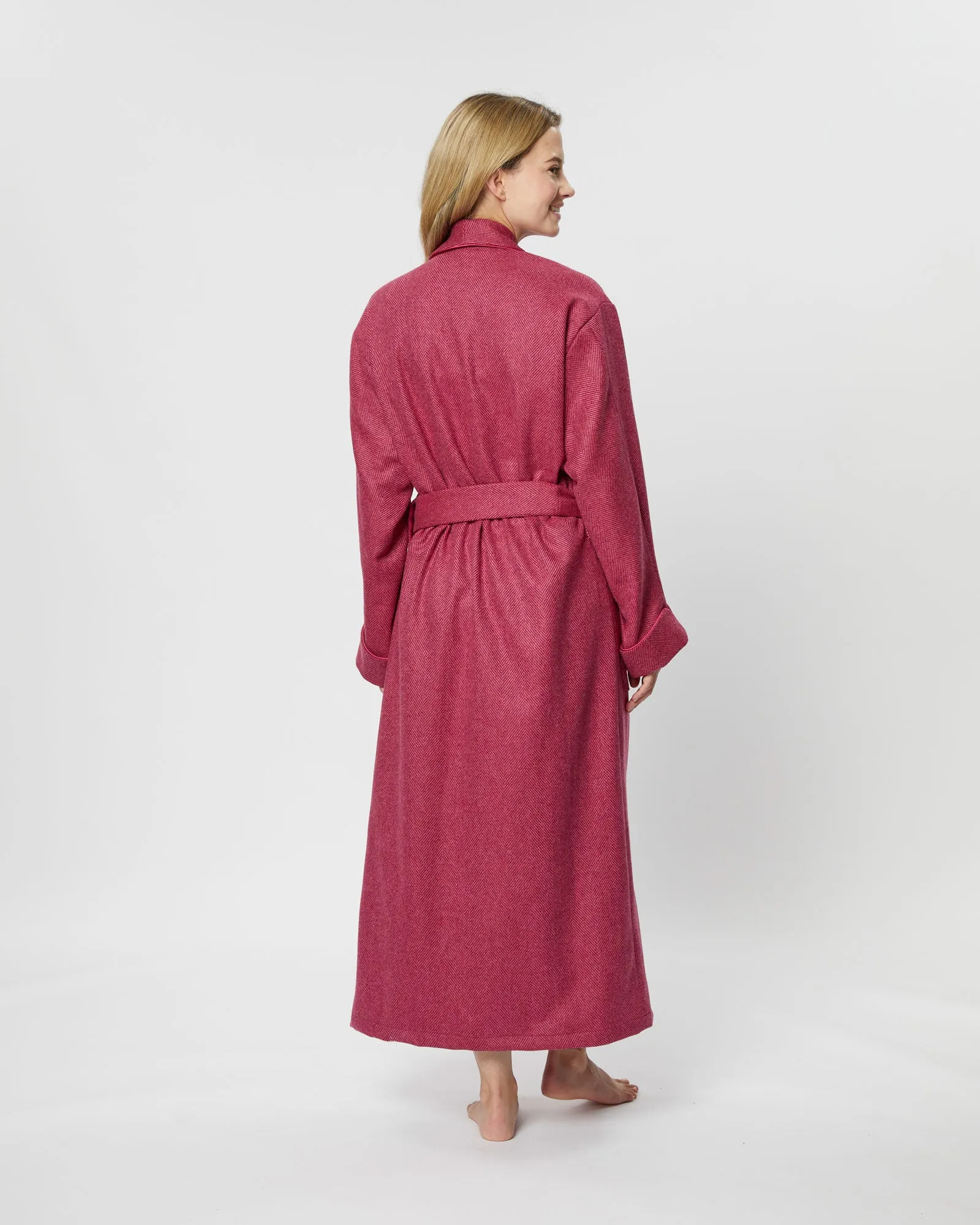 Women's Silk-Lined Wool Robe - Pink Herringbone