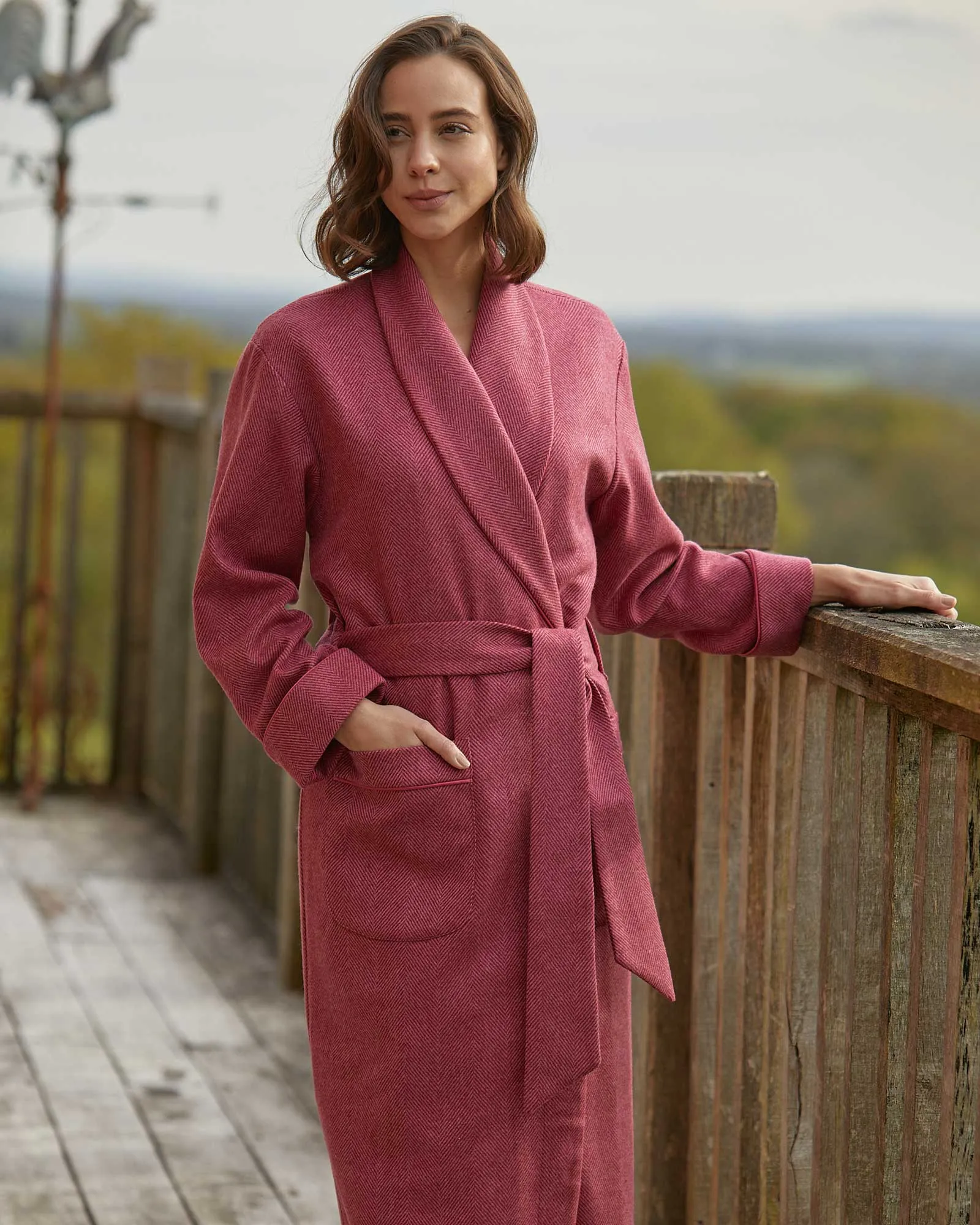 Women's Silk-Lined Wool Robe - Pink Herringbone