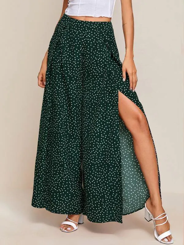 Zipper Side Split Thigh Dot Print Palazzo Pants